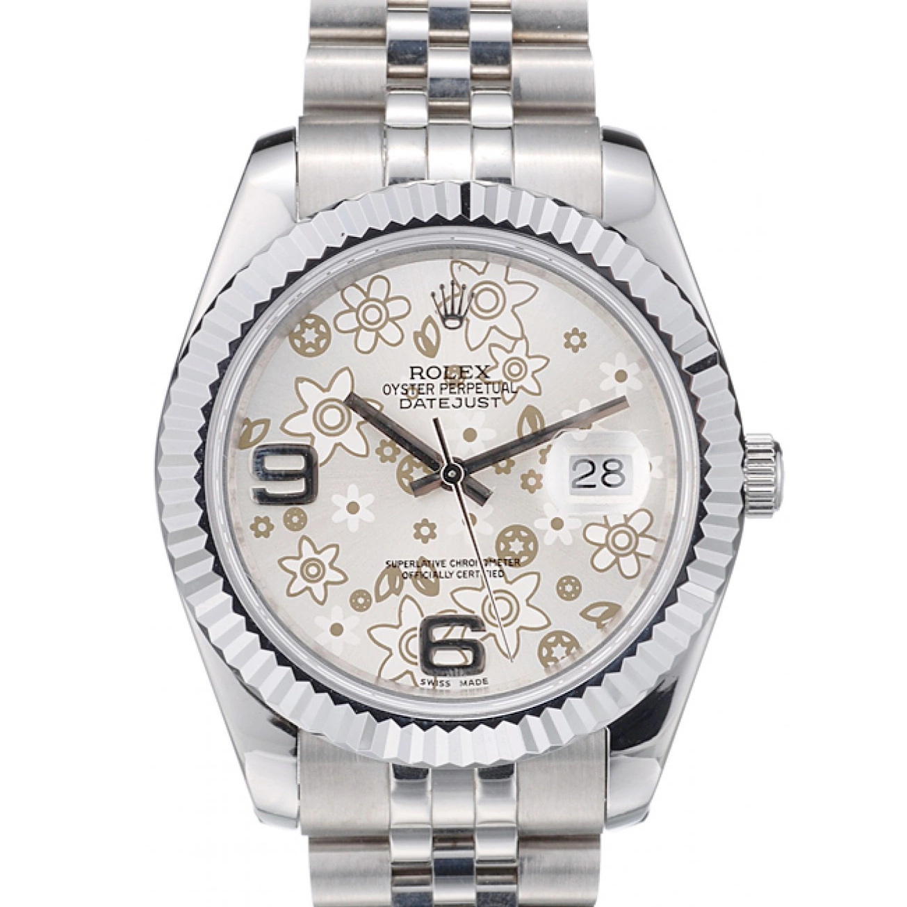 Aaa replica watch Silver DateJust Flower Dial Rolex Steel Stainless Bezel 41983 Ribbed 0729